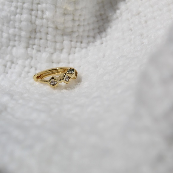 Sterling Silver Gold Huggies with Row of Diamond Shaped Simulated Diamonds - Picture 6 of 10